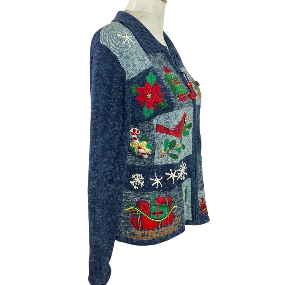 Vtg Christmas Cardigan Sweater M Blue Knit Zip Up Holiday Elbow Patch Cardinal - Picture 3 of 8